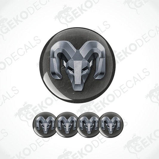 three-dimensional metallic ram's head inside a black circle