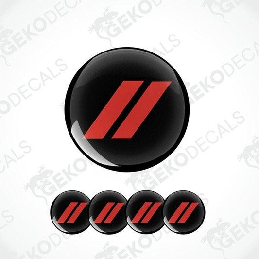 Set of four black and red vinyl decals, designed for car wheels and caps, with a geometric pattern.
