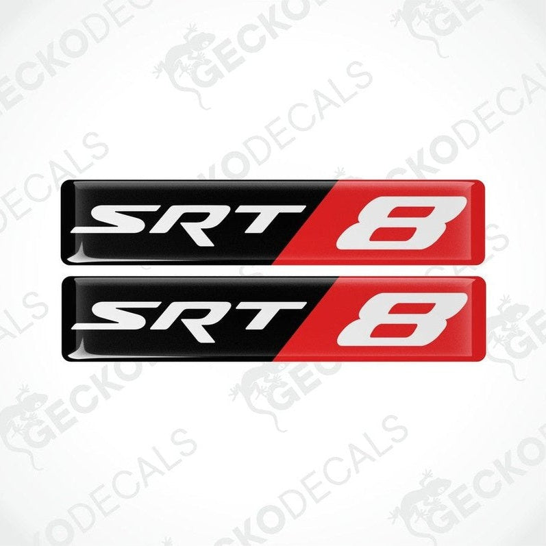 Two red, black, and white vinyl stickers with the text 'SRT 8' designed for a Dodge Charger vehicle.