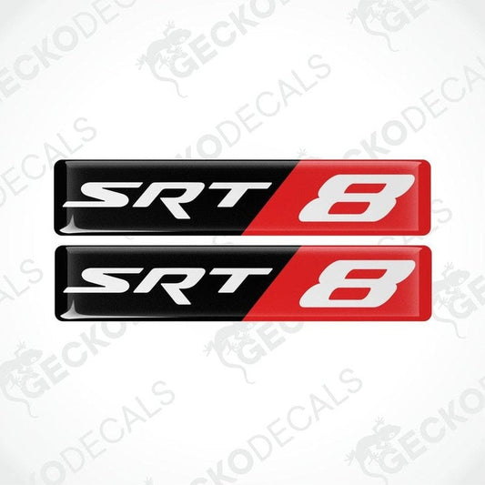 Two red, black, and white vinyl stickers with the text 'SRT 8' designed for a Dodge Charger vehicle.