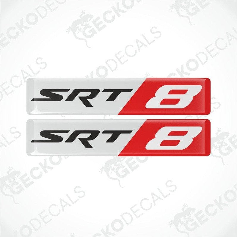 Two red, black, and white vinyl stickers with the text 'SRT 8' designed for a Dodge Charger vehicle.
