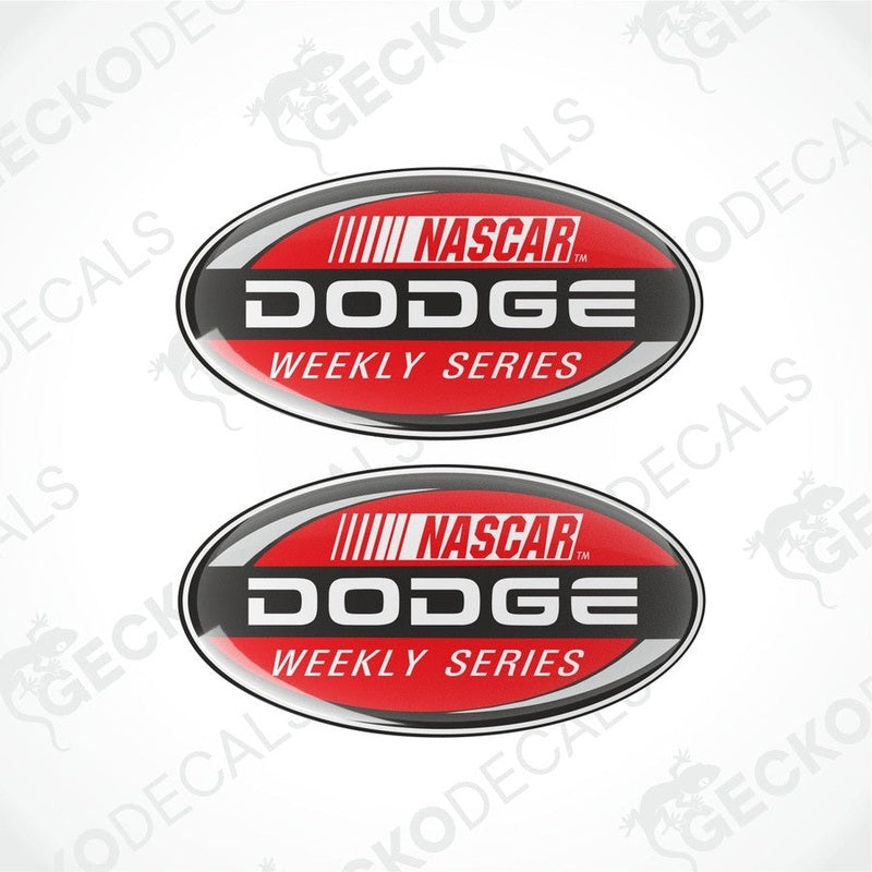 Two oval-shaped vinyl decals with a red, black, and white color scheme, featuring the text 'NASCAR DODGE WEEKLY SERIES'.