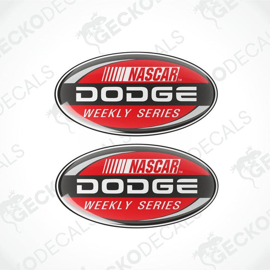 Two oval-shaped vinyl decals with a red, black, and white color scheme, featuring the text 'NASCAR DODGE WEEKLY SERIES'.