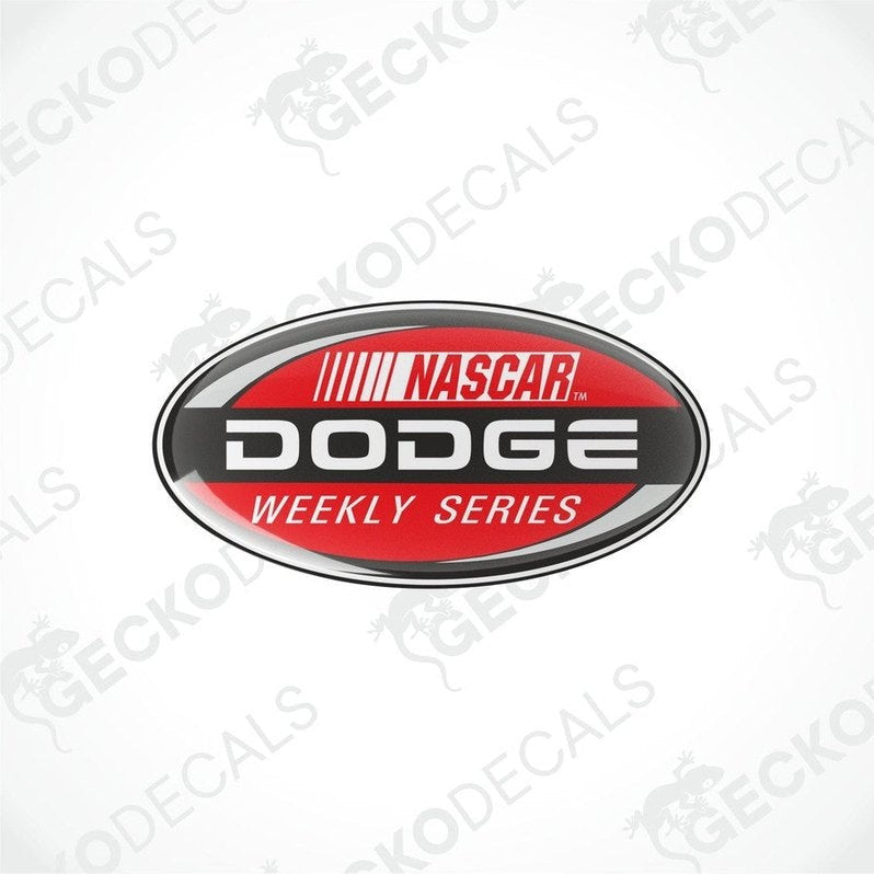 Oval-shaped vinyl decals with a red, black, and white color scheme, featuring the text 'NASCAR DODGE WEEKLY SERIES'.