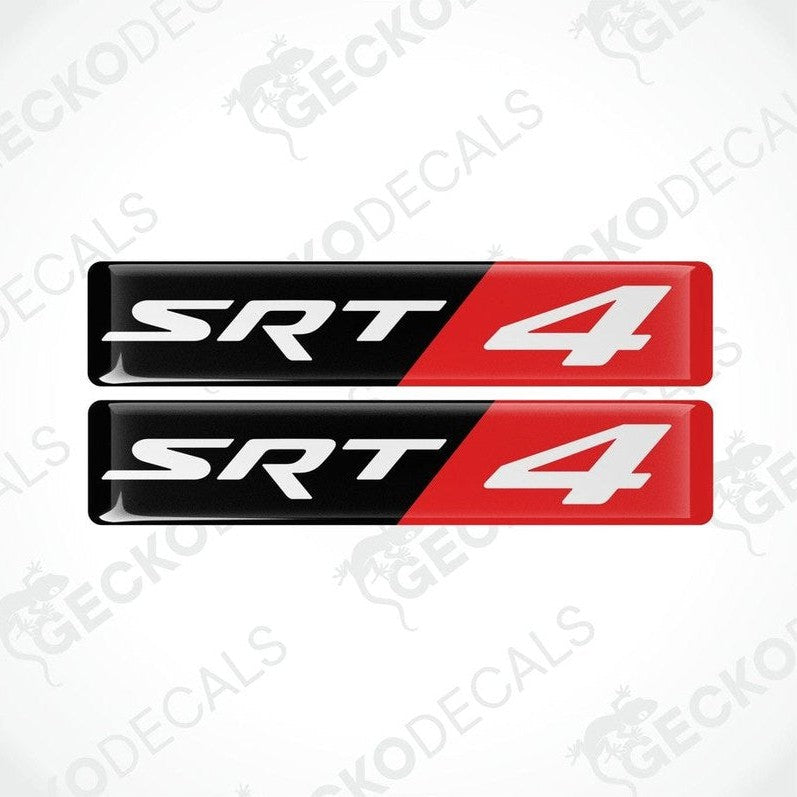 Two red, black, and white vinyl stickers with the text 'SRT 4' designed for application on a car.