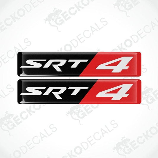 Two red, black, and white vinyl stickers with the text 'SRT 4' designed for application on a car.
