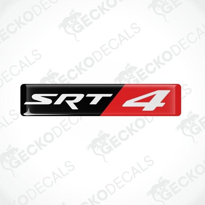  Red, black, and white vinyl stickers with the text 'SRT 4' designed for application on a car.