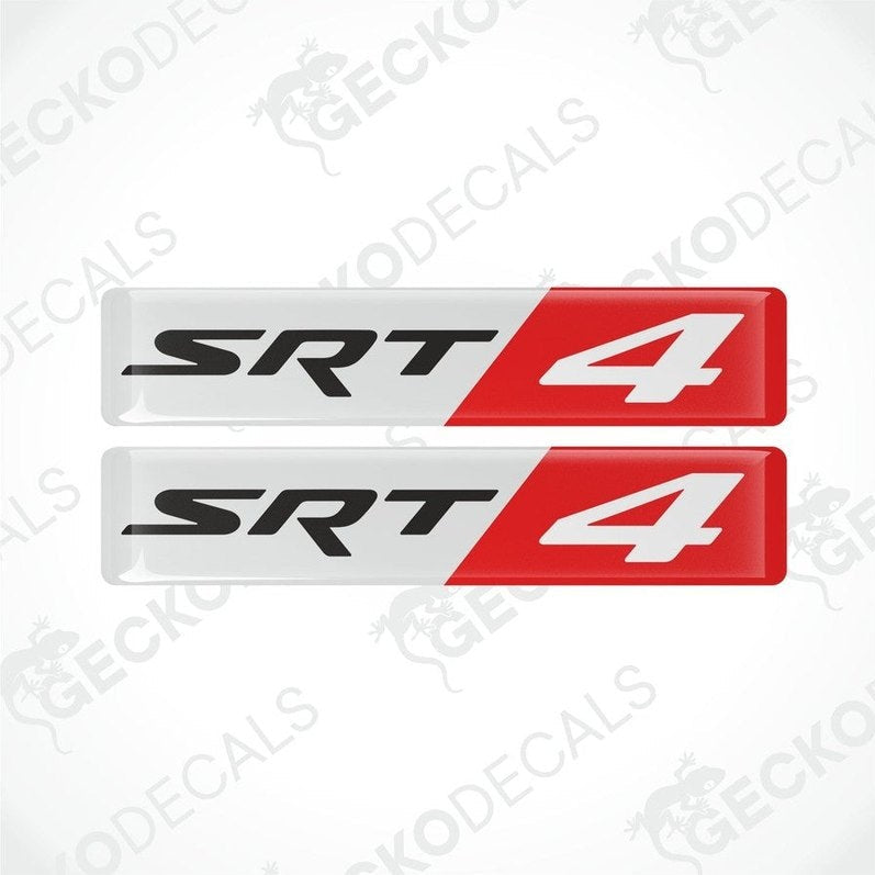 Two red, black, and white vinyl stickers with the text 'SRT 4' designed for application on a car.