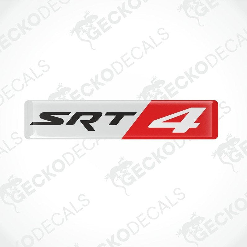  Red, black, and white vinyl stickers with the text 'SRT 4' designed for application on a car.