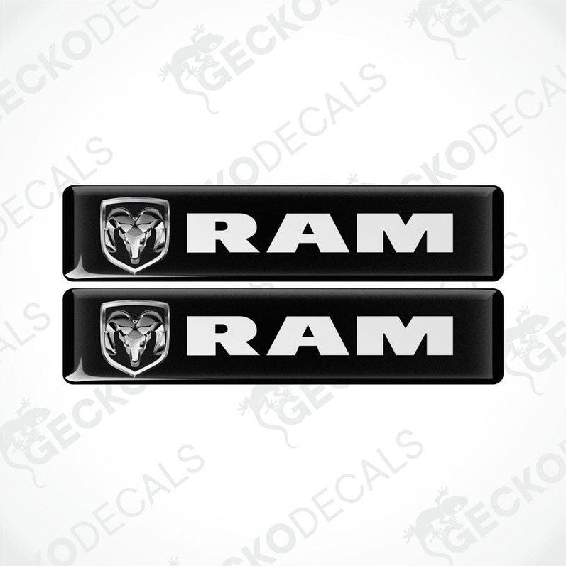 Two black vinyl stickers with a white RAM logo on a white background.