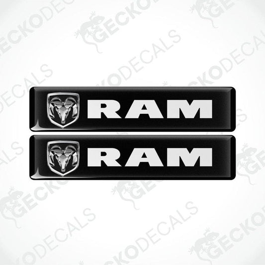 Two black vinyl stickers with a white RAM logo on a white background.