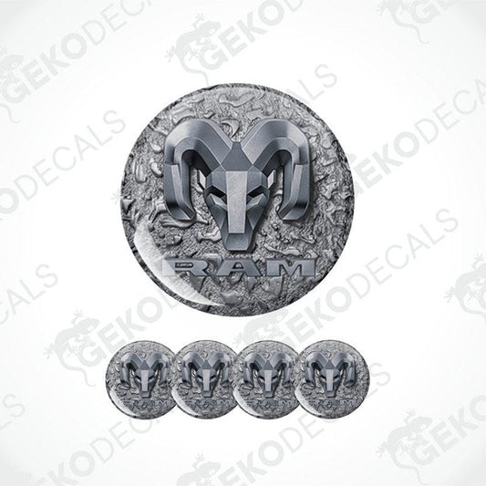 Metallic ram logo decal set on a textured background with 'Geckodecals'