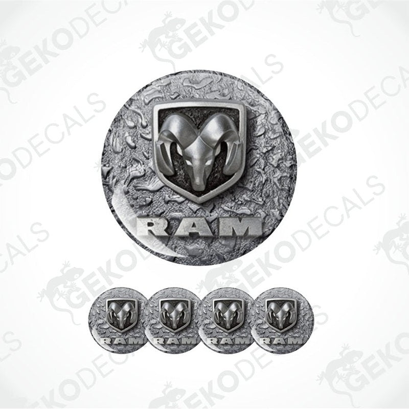 Metallic ram logo decal set on a textured background with 'Geckodecals'