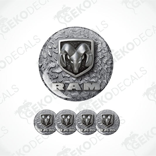 Metallic ram logo decal set on a textured background with 'Geckodecals'