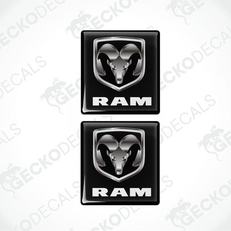 Two black vinyl stickers with a dodge ram logo, set against a white background with 'GECKODECALS' text.