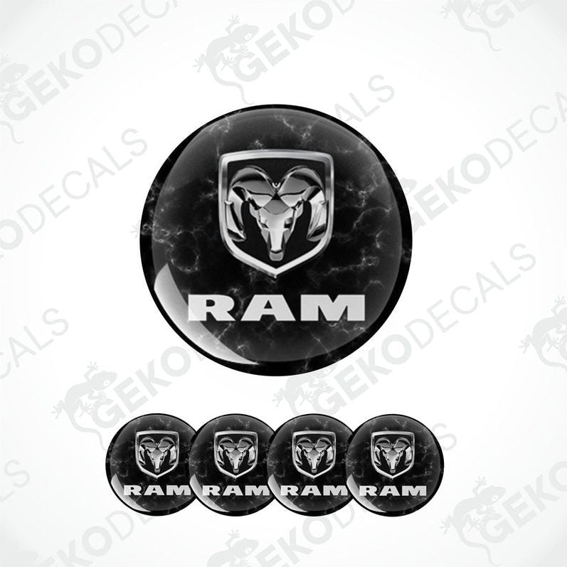 A set of black vinyl decals with the RAM logo, including four round decals and one larger oval decal.