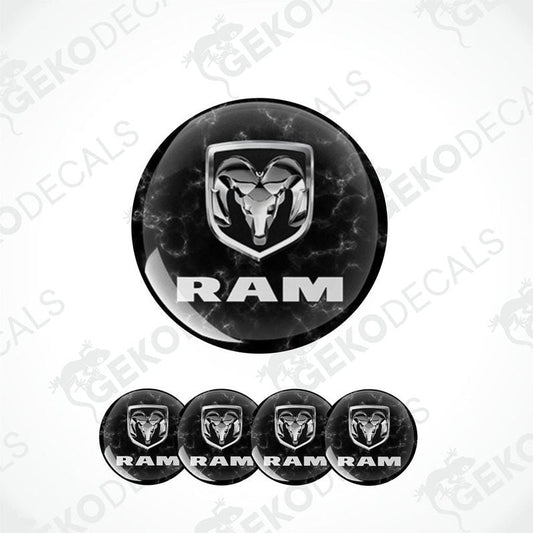 A set of black vinyl decals with the RAM logo, including four round decals and one larger oval decal.