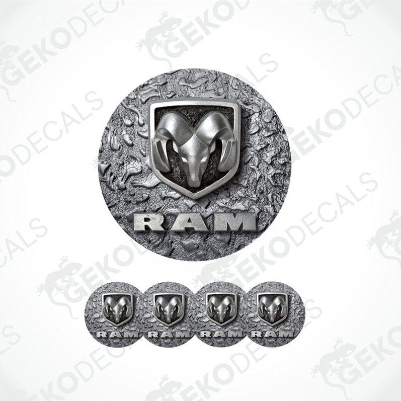 Metallic ram logo decal set on a textured background with 'Geckodecals'