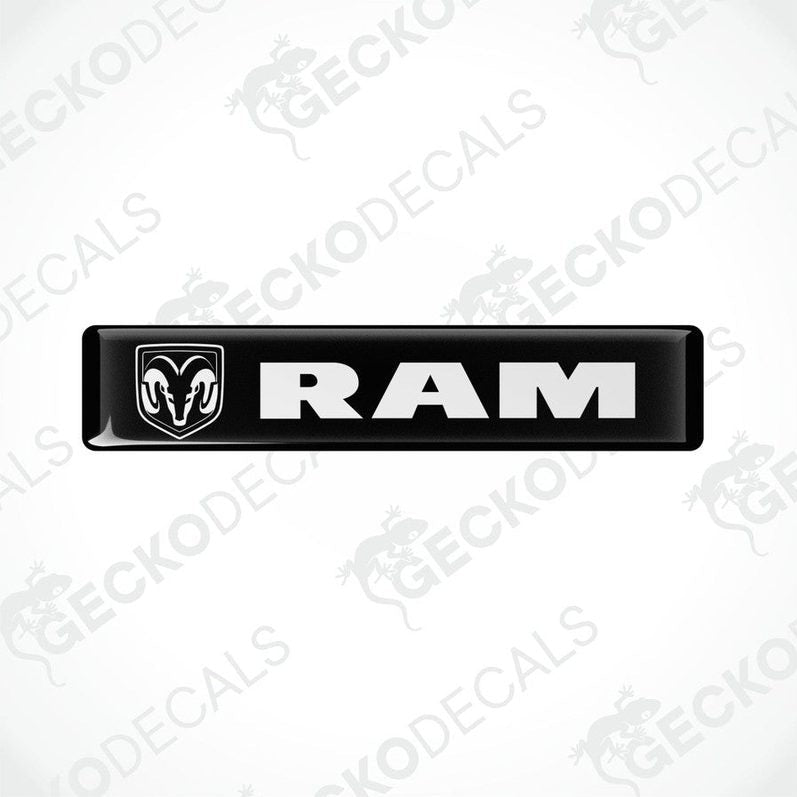 Black vinyl decals with the RAM logo on them, intended for use as car stickers.