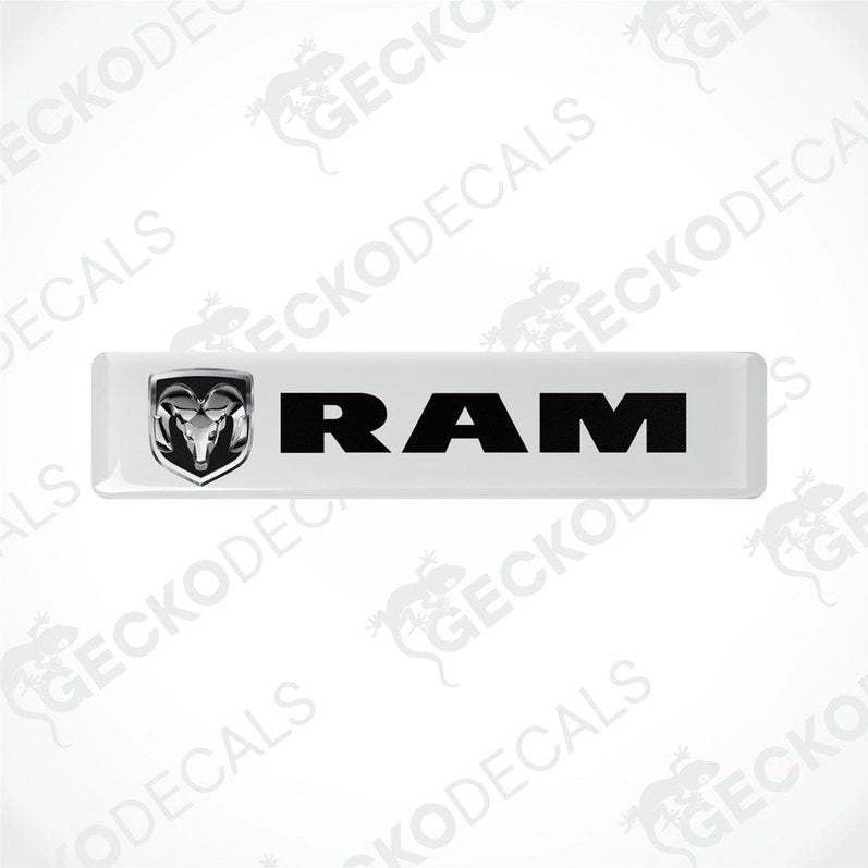 White vinyl stickers with a black RAM logo on a white background.