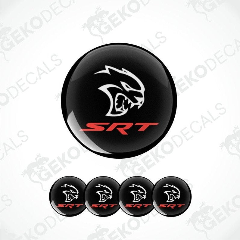 A set of black vinyl decals with the SRT logo on them, typically used for car customization.