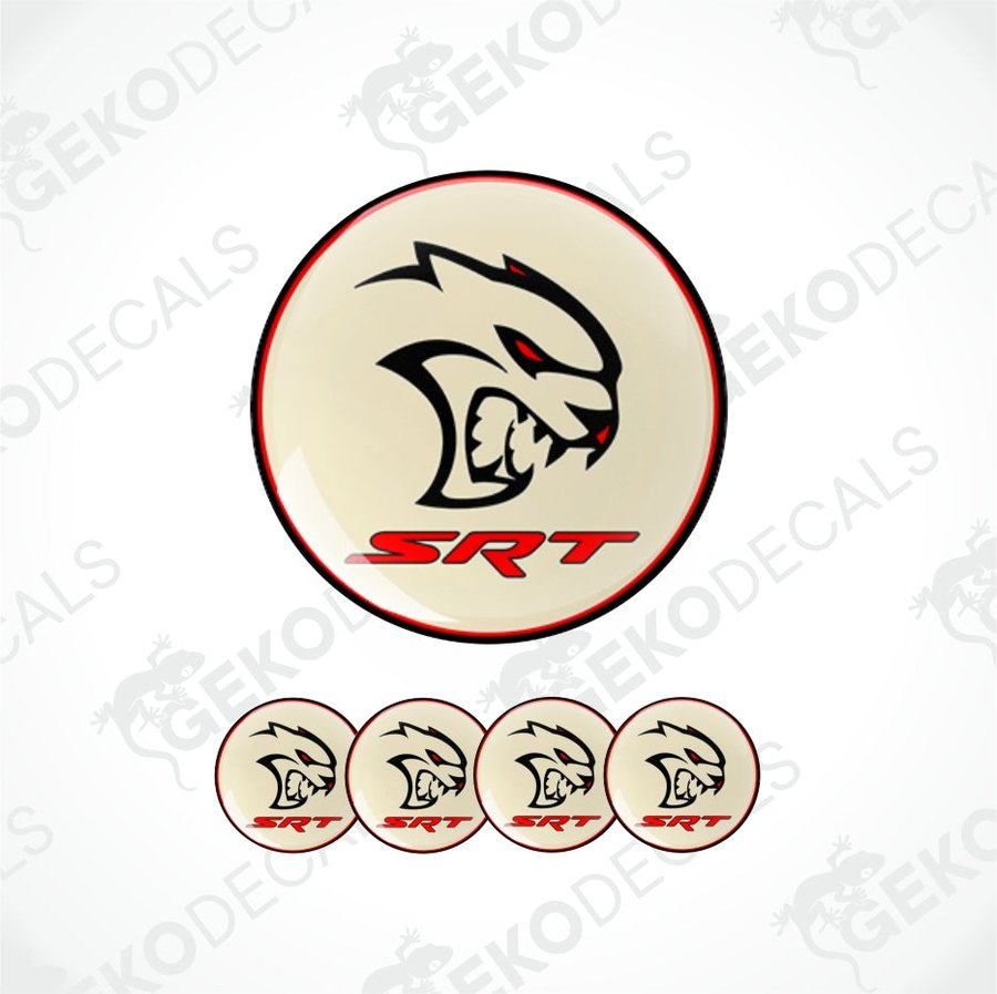 SRT logo with a panther design on a beige background, surrounded by smaller versions of the logo.