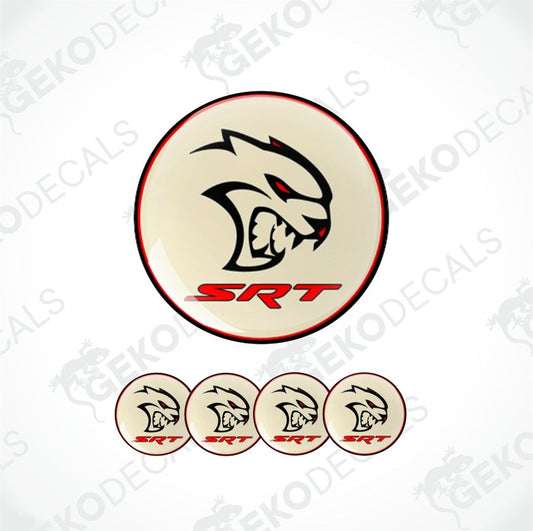 SRT logo with a panther design on a beige background, surrounded by smaller versions of the logo.