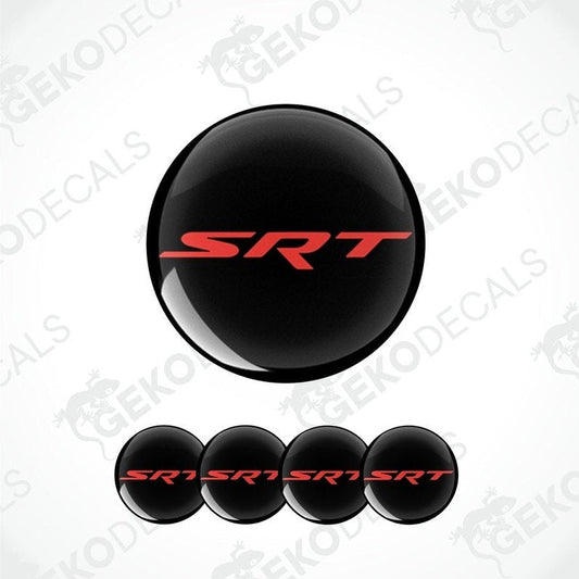 A set of black vinyl decals with red 'SRT' text, including four round decals for vehicle wheels and one larger decal for a vehicle's hood or bumper.