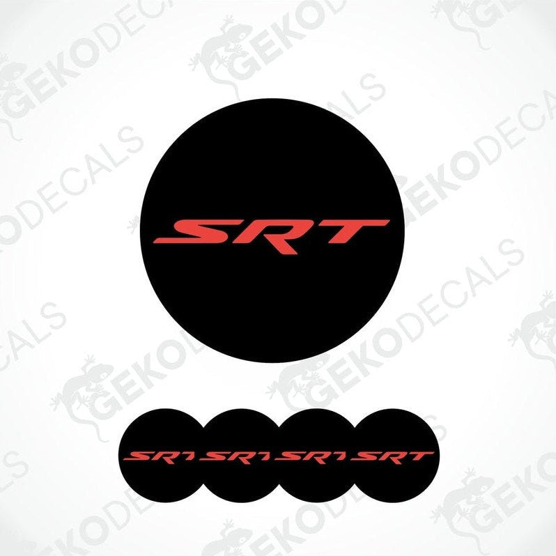 A set of black vinyl decals with red 'SRT' text, including four round decals for vehicle wheels and one larger decal for a vehicle's hood or bumper.