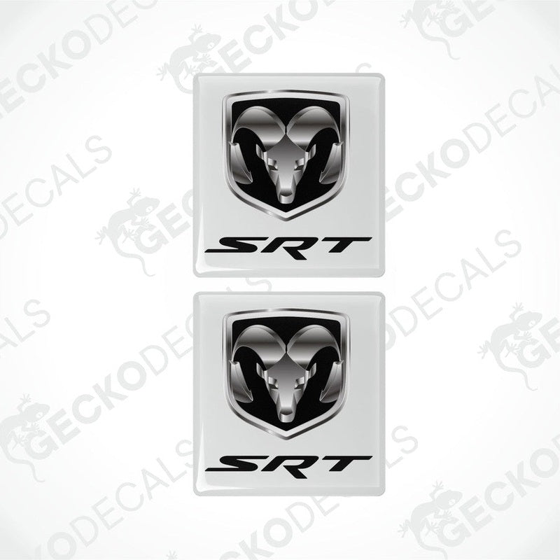 Two white vinyl stickers with a Dodge SRT logo, placed against a white background.