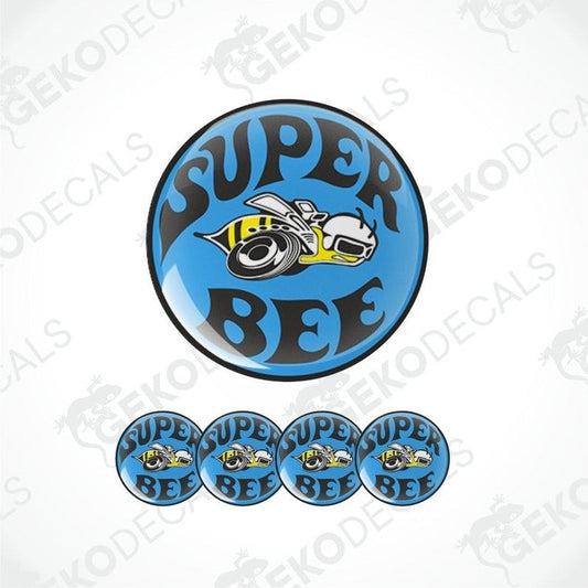 Super Bee logo with a car on a blue background, surrounded by multiple instances of the logo.