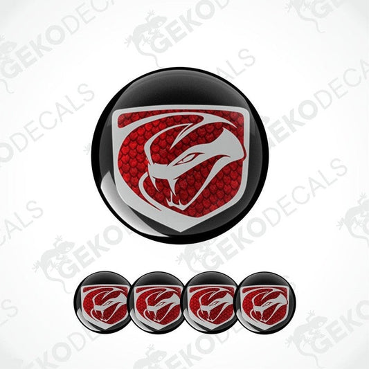 A set of four vinyl decals featuring a red and black viper logo on a car wheel and hubcap.