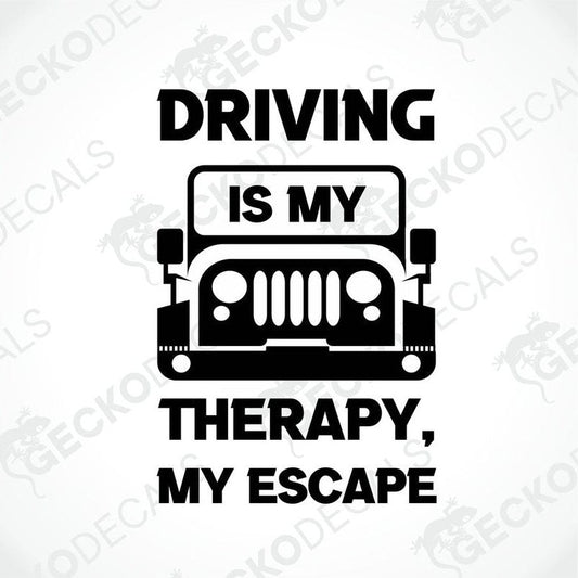 A black decal with the text 'DRIVING IS MY THERAPY, MY ESCAPE' and an illustration of a vehicle's front end, designed for use on vehicles or other surfaces.