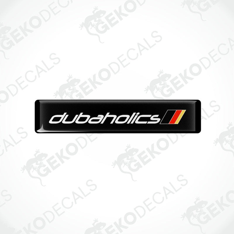 Black decals with red and withe text that reads 'DUBAHOLICS'
