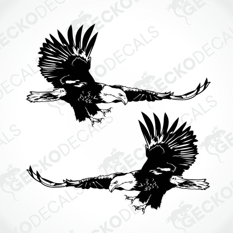 Two black and white decals of an eagle with a GeckoDecals watermark on the image.