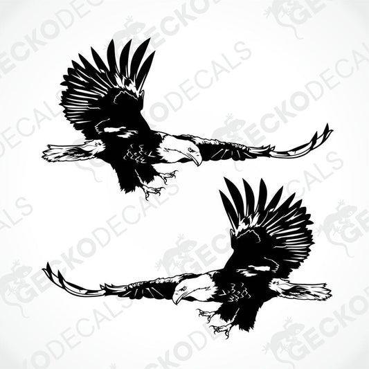Two black and white decals of an eagle with a GeckoDecals watermark on the image.