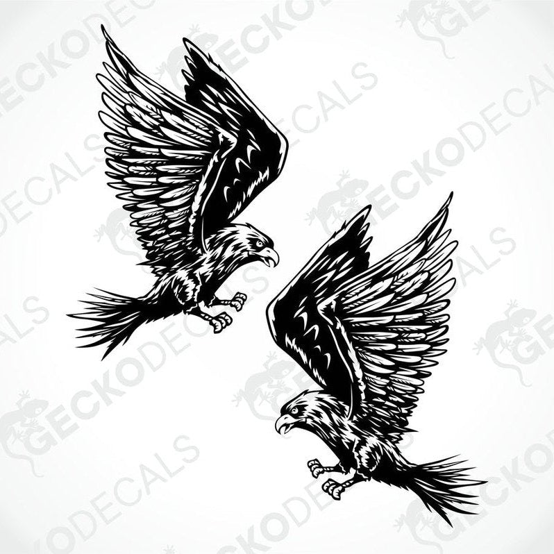 A pair of eagle decals, one decal is mirrored to the other, depicting dynamic flying eagles with detailed wings and talons.