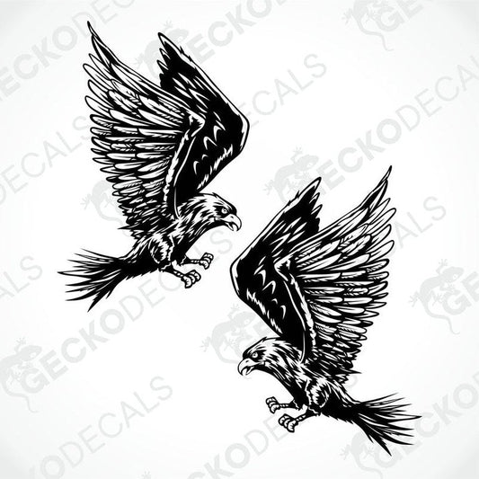 A pair of eagle decals, one decal is mirrored to the other, depicting dynamic flying eagles with detailed wings and talons.