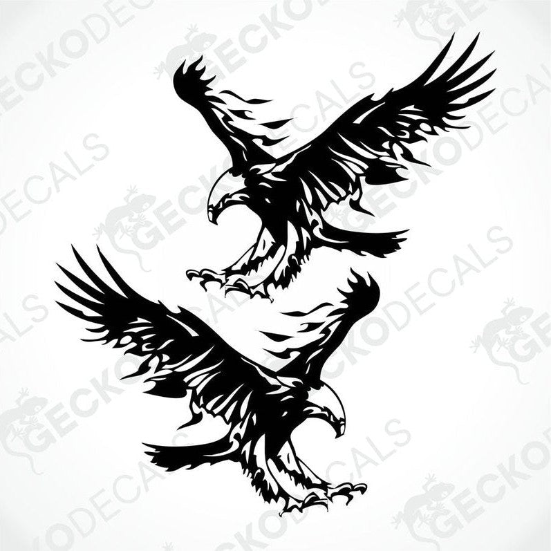 Two black and white decals of eagles with die cut design, delivered on transfer paper.