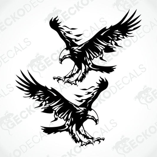 Two black and white decals of eagles with die cut design, delivered on transfer paper.