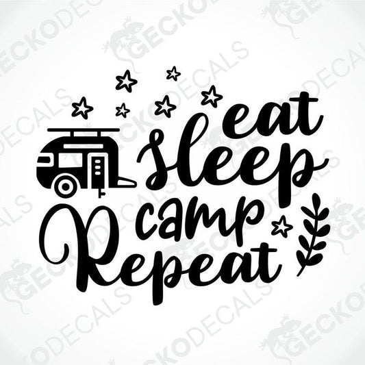 Black die-cut camper decal with eat sleep camp repeat text and trailer icon