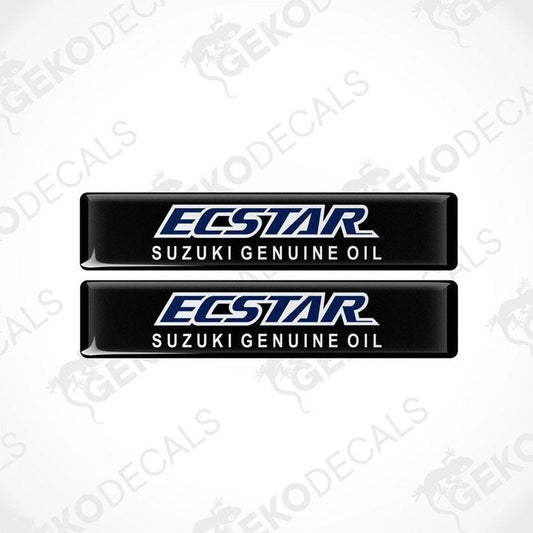 Two black vinyl stickers with the text 'ECSTAR SUZUKI GENUINE OIL' in white and blue.