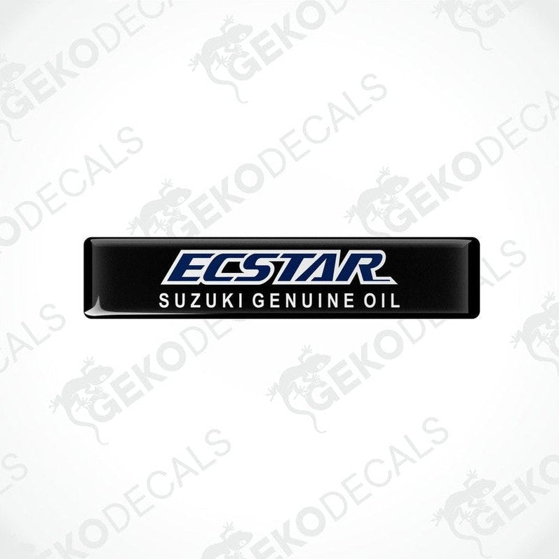 Black vinyl stickers with the text 'ECSTAR SUZUKI GENUINE OIL' in white and blue.