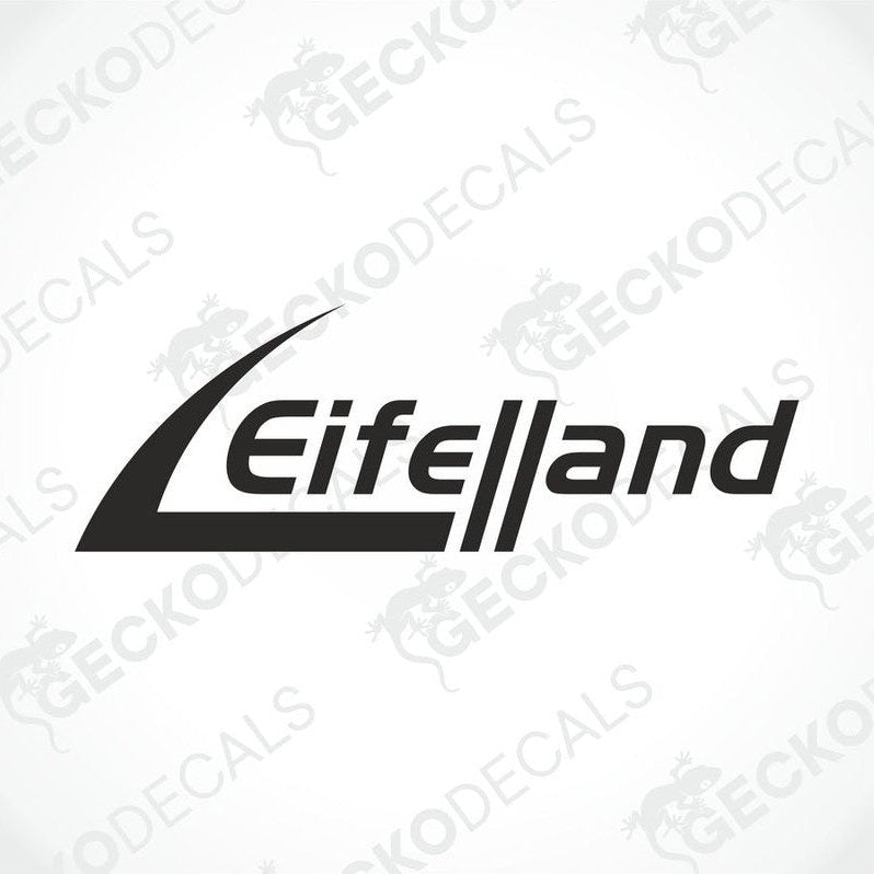 A black die cut sticker with the text 'Eifelland' on a white background.