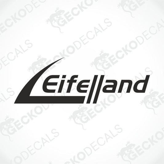 A black die cut sticker with the text 'Eifelland' on a white background.
