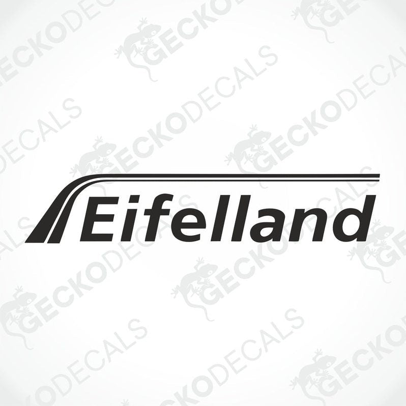 A black die cut sticker with the word 'EIFELLAND' written in white.