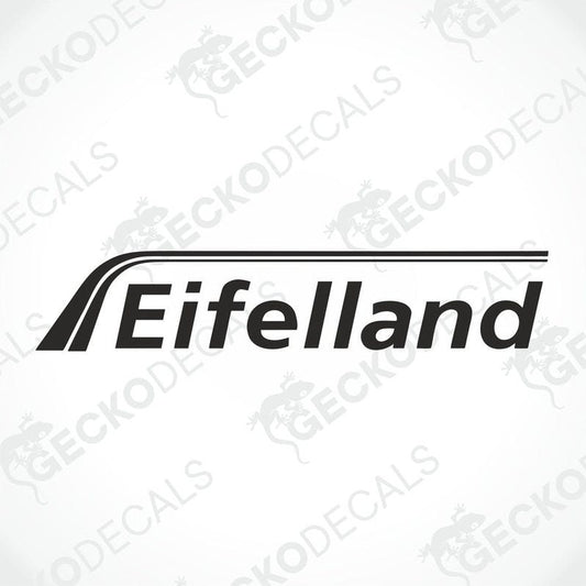 A black die cut sticker with the word 'EIFELLAND' written in white.