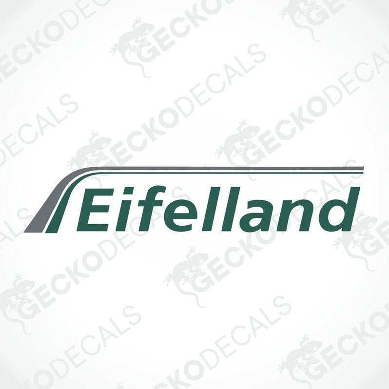 A white die cut sticker with the brand name 'EIFELLAND' written in green and gray.