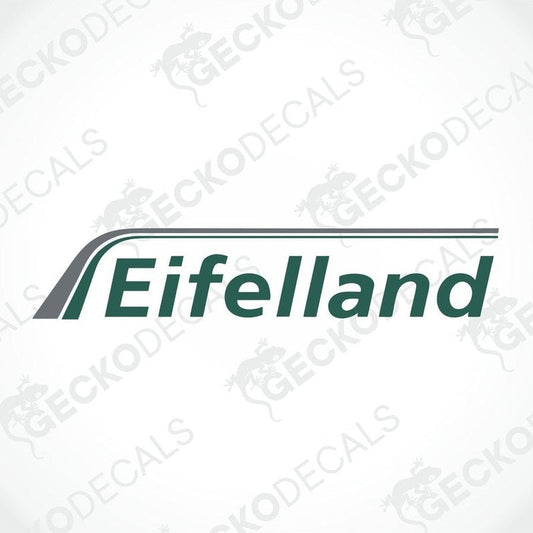 A white die cut sticker with the brand name 'EIFELLAND' written in green and gray.