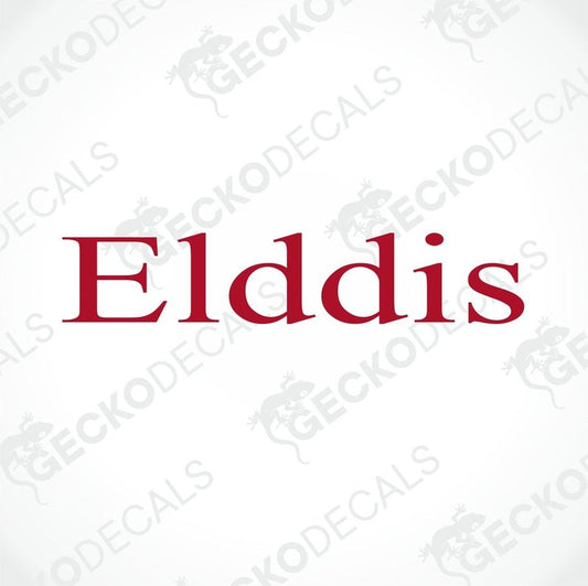 A red sticker with the brand name 'Elddis' printed on it, intended for use on caravans.